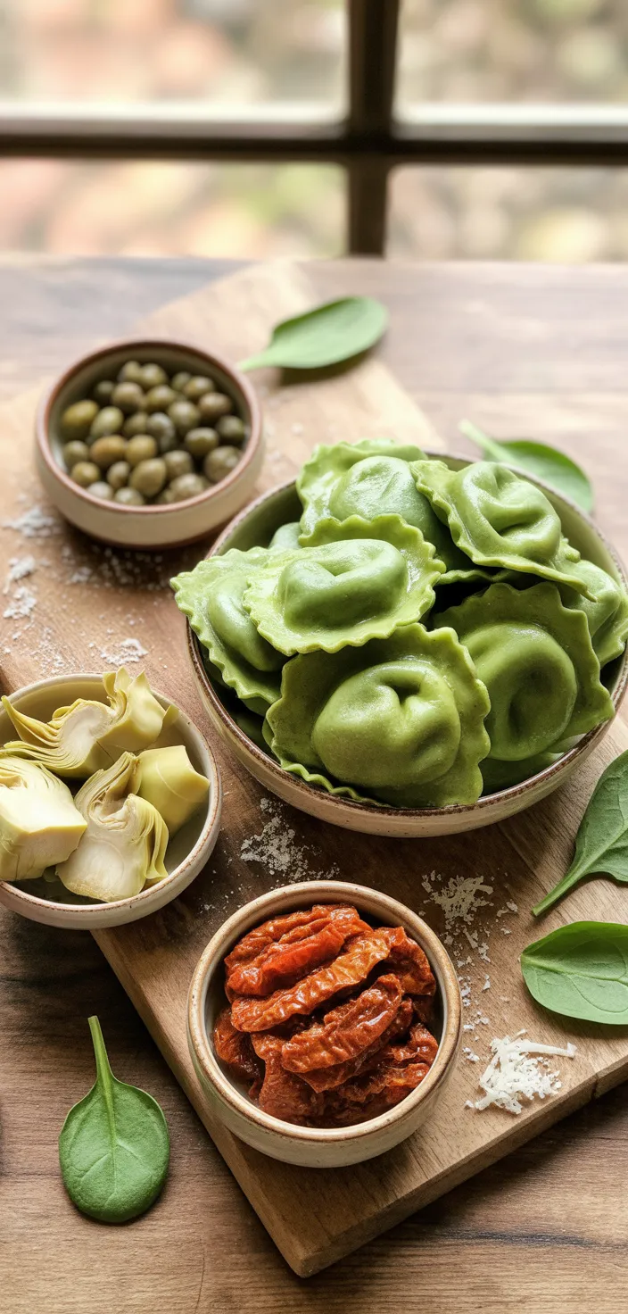 Ingredients photo for Italian Ravioli With Spinach, Artichokes, Capers, Sun Recipe