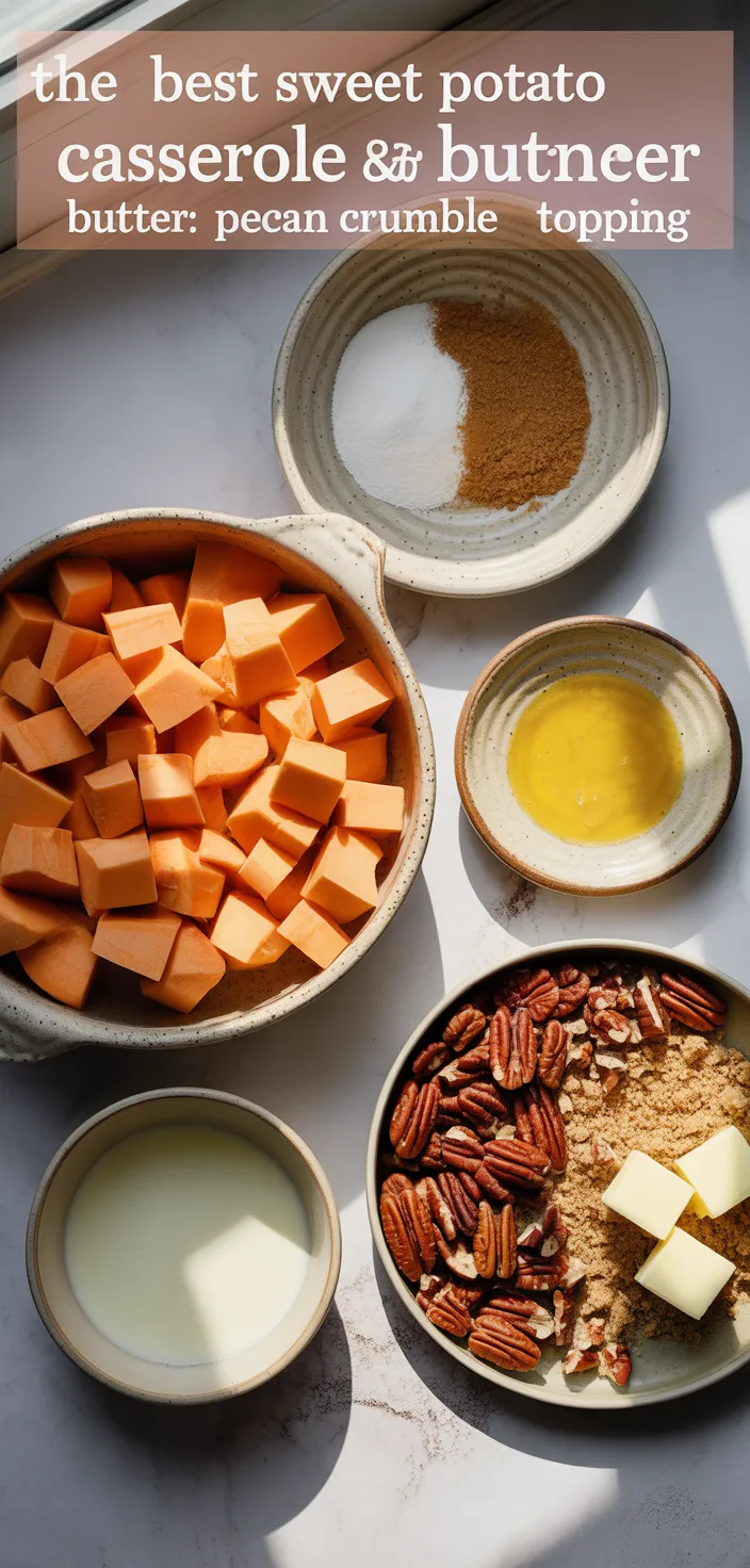 Ingredients photo for The Best Sweet Potato Casserole With Butter Pecan Crumble Topping Recipe
