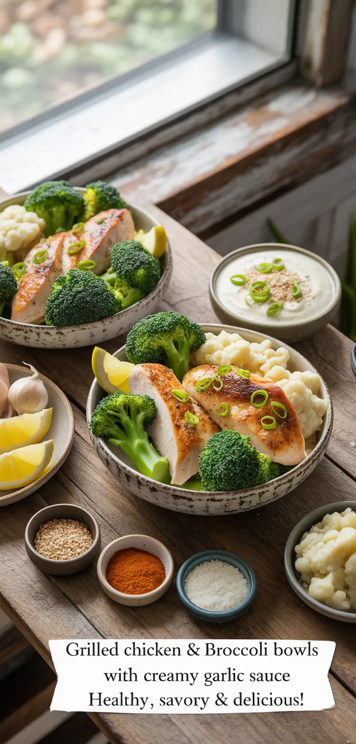 Ingredients photo for Grilled Chicken & Broccoli Bowls With Creamy Garlic Sauce – Healthy, Savory & Delicious!  Recipe