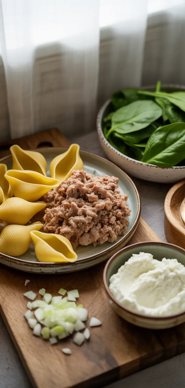 Ingredients photo for Healthy Spinach Ground Turkey Stuffed Shells Recipe