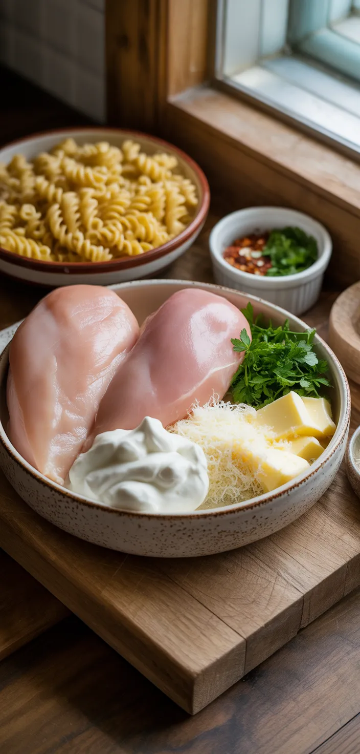 Ingredients photo for Crockpot Garlic Parmesan Chicken Pasta (Buffalo Wild Wings) Recipe