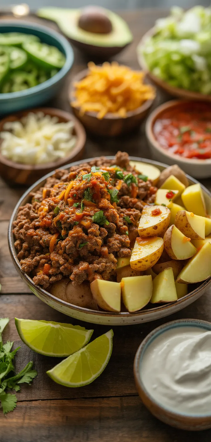 Ingredients photo for Ground Beef And Potato Taco Bowl Recipe